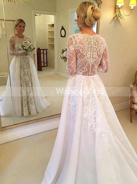 Sheath Lace Wedding Dress with Detachable Overskirt,Modest Wedding Dress with Long Sleeves,WD00615