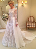 Sheath Lace Wedding Dress with Detachable Overskirt,Modest Wedding Dress with Long Sleeves,WD00615