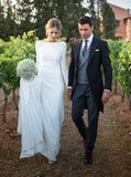 Sheath Simple Bridal Gown,Open Back Wedding Dress with Sleeves,WD00342
