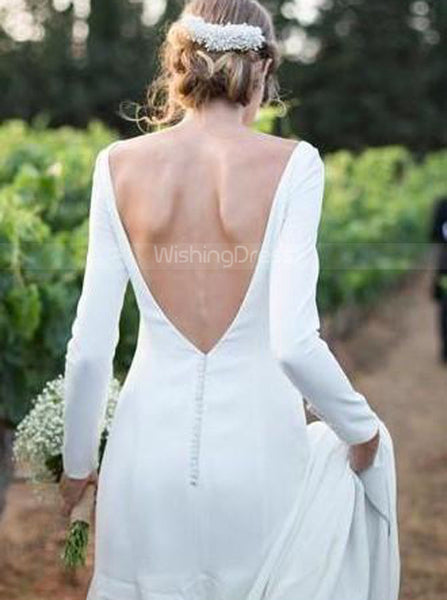 Sheath Simple Bridal Gown,Open Back Wedding Dress with Sleeves,WD00342