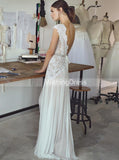 Sheath Wedding Dress with Cap Sleeves,Boho Long Wedding Dress,WD00428