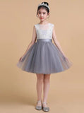 Silver Birthday Party Dress for Teens, Tulle Knee Length Junior Bridesmaid Dress,JB00048