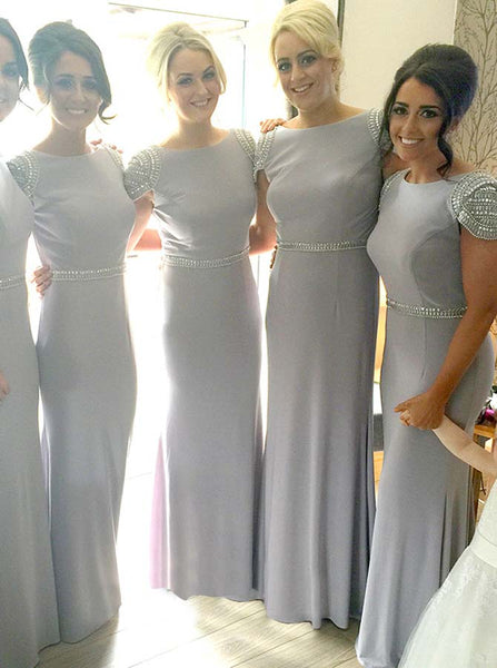 Silver Bridesmaid Dress,Chiffon Long Bridesmaid Dress,Bridesmaid Dress with Cap Sleeves,BD00088