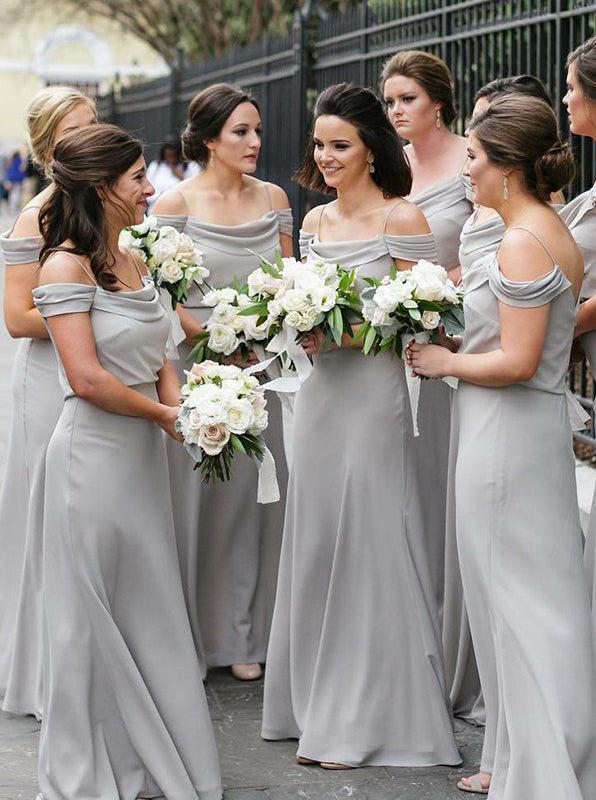 Silver Bridesmaid Dress,Chiffon Long Bridesmaid Dress,Off the Shoulder