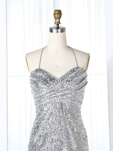Silver Bridesmaid Dresses,Halter Sequined Bridesmaid Dress,Long Bridesmaid Dress,BD00271