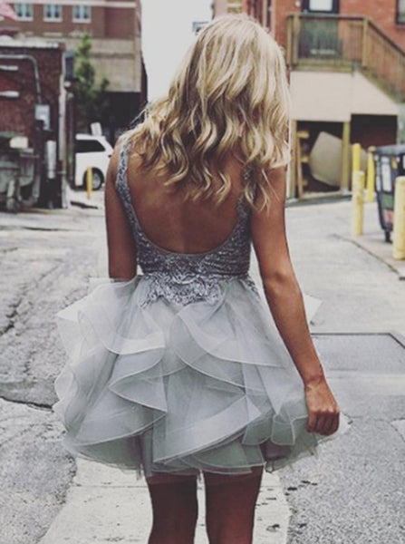 Silver Cocktail Dresses,Ruffled Cocktail Dress,V-neck Cocktail Dress,Summer Cocktail Dress,CD00025