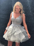 Silver Cocktail Dresses,Ruffled Cocktail Dress,V-neck Cocktail Dress,Summer Cocktail Dress,CD00025