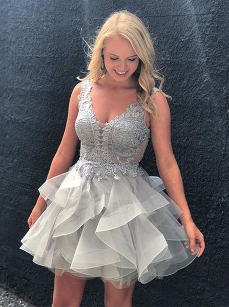 Silver Cocktail Dresses,Ruffled Cocktail Dress,V-neck Cocktail Dress,Summer Cocktail Dress,CD00025
