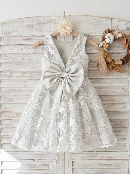 Silver Flower Girl Dress,Lace Flower Girl Dress,Flower Girl Dress with Bow,FD00086