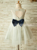 Silver Flower Girl Dresses,Flower Girl Dress with Bow,Tea Length Flower Girl Dress,FD00015