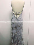 Silver Lace Evening Dress,Tight Mermaid Prom Dress,Open Back Evening Dress PD00098