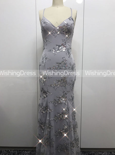 Silver Lace Evening Dress,Tight Mermaid Prom Dress,Open Back Evening Dress PD00098