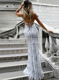 Silver Lace Evening Dress,Tight Mermaid Prom Dress,Open Back Evening Dress PD00098