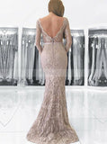 Silver Mermaid Lace Evening Dress with Long Sleeves,Elegant Long Prom Dress PD00152