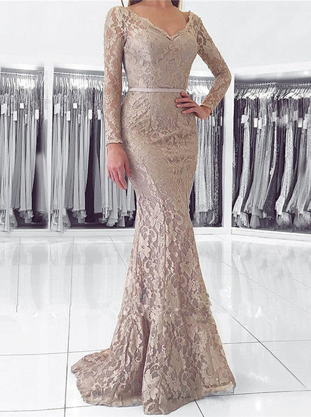 Silver Mermaid Lace Evening Dress with Long Sleeves,Elegant Long Prom Dress PD00152