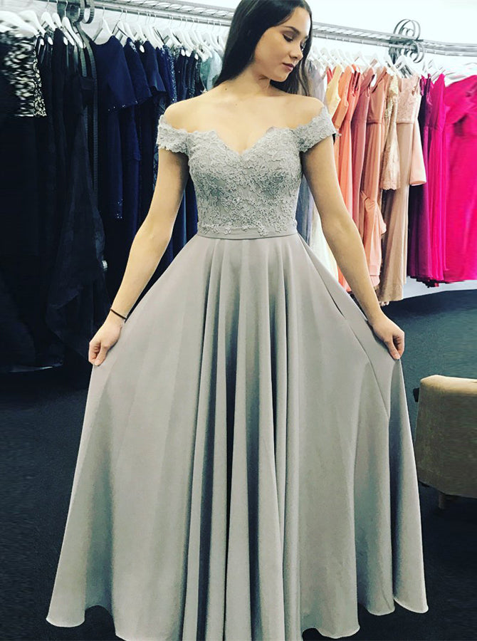 Silver Off the Shoulder Prom Dress,Floor Length Chiffon Prom Dress,Mod