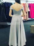Silver Off the Shoulder Prom Dress,Floor Length Chiffon Prom Dress,Modest Evening Dress PD00045