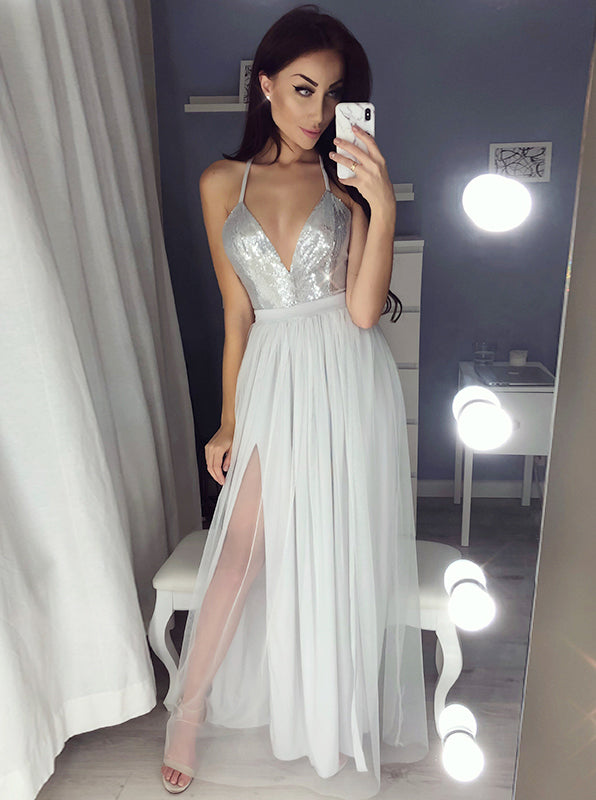 silver slit prom dress Chic Silver Ruffles One shoulder Slit Prom Dress SH152