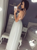 Silver Prom Dress,Sequined Prom Dress,Tulle Prom Dress,Backless Prom Dress with slit PD00183