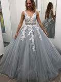 Silver Prom Gown,Tulle Ball Gown Dresses,Open Back Prom Dresses,PD00472