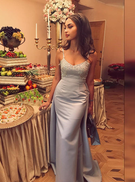 Silver Elastic Satin Prom Dress, Spaghetti Straps Prom Dress,Elegant Evening Dress PD00019