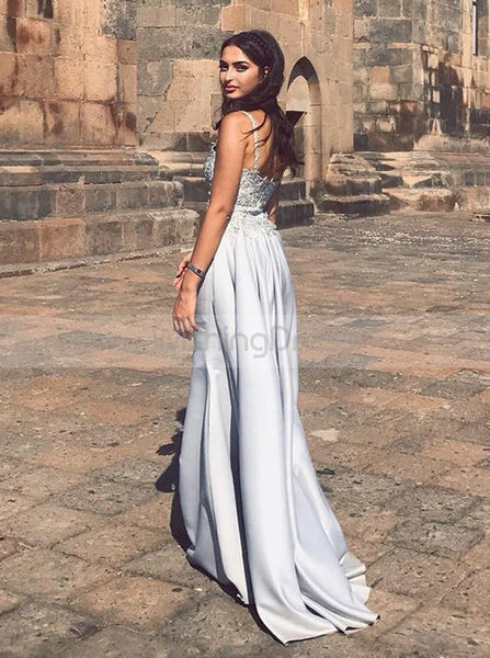 Silver Elastic Satin Prom Dress, Spaghetti Straps Prom Dress,Elegant Evening Dress PD00019