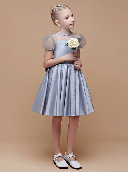 Silver Taffeta Little Girls Party Dresses,Short Junior Bridesmaid Dress with Sleeves,JB00078
