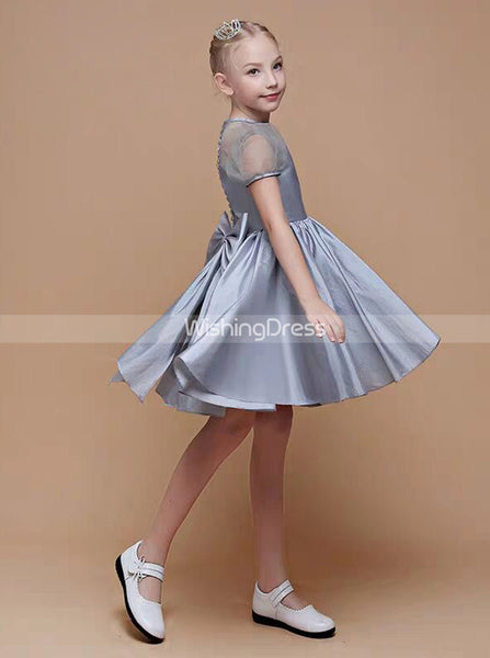 Silver Taffeta Little Girls Party Dresses,Short Junior Bridesmaid Dress with Sleeves,JB00078