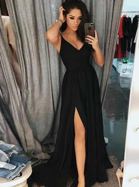 Simple Black Prom Dress with Straps,Modest Evening Dress with Slit,Long Chiffon Prom Dress PD00082