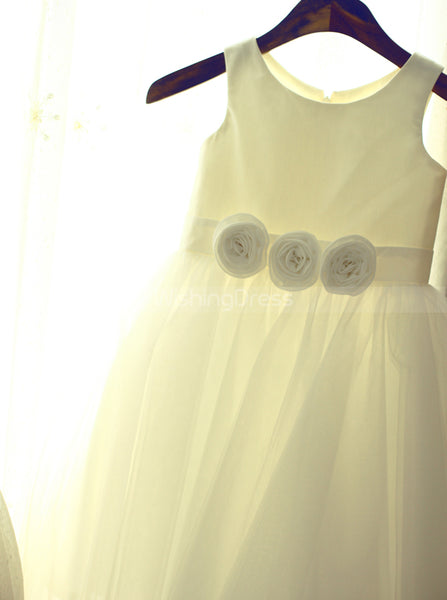 Simple Flower Girl Dress with 3D Flowers,White Flower Girl Dress,FD00069