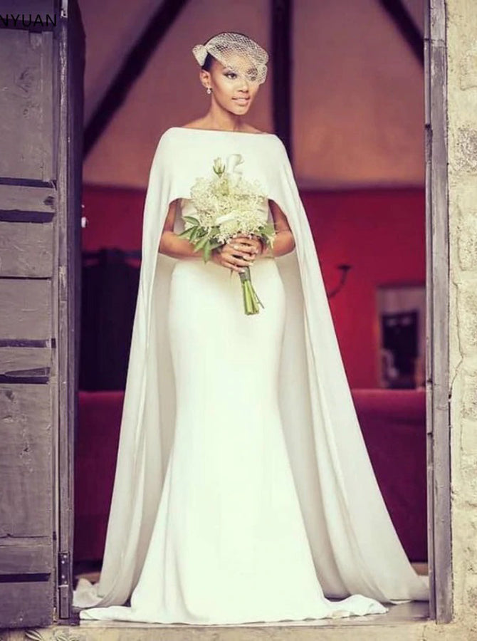 Simple Wedding Dress with Cape,Fitted Mermaid Wedding Dress,WD00495