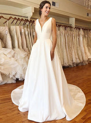 Simple Wedding Dress with Pockets A line Gown with Deep V neck WD00619 Wishingdress