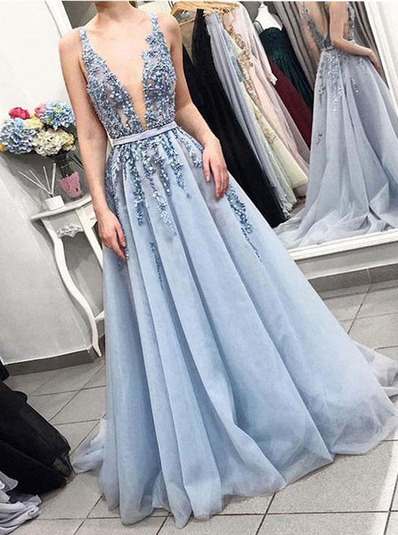 SkyBlue Beaded Prom Dresses,Long Sparkly Evening Dress,PD00424