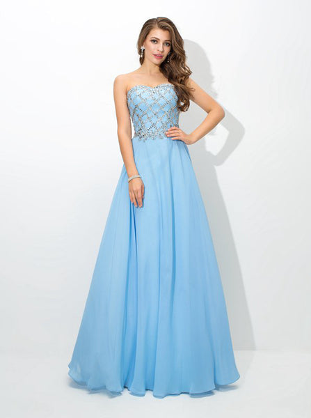 SkyBlue Prom Dresses,Beaded Prom Dress,Long Strapless Prom Dress,PD00333