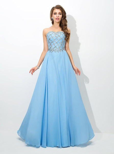 SkyBlue Prom Dresses,Beaded Prom Dress,Long Strapless Prom Dress,PD00333