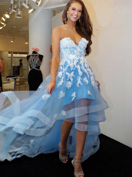 SkyBlue Prom Dresses,High Low Prom Dress,Ruffled Homecoming Dress,Strapless Prom Dress,PD00210