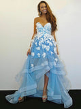 SkyBlue Prom Dresses,High Low Prom Dress,Ruffled Homecoming Dress,Strapless Prom Dress,PD00210
