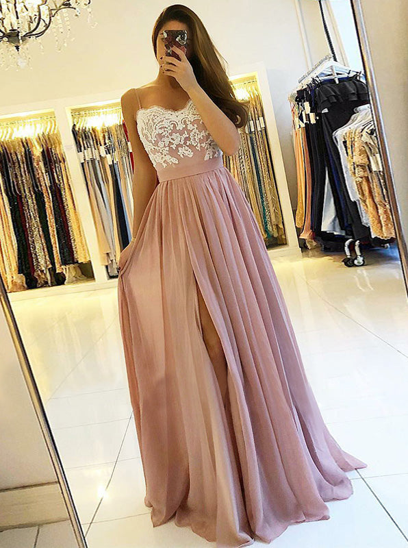 Spaghetti Straps Chiffon Prom Dress,Floor Length Formal Evening Dress,