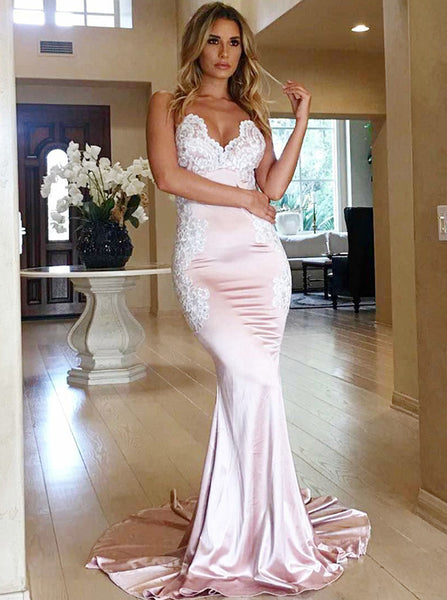 Spaghetti Straps Evening Dress with Train,Prom Dress with Appliques,Backless Party Dress PD00139