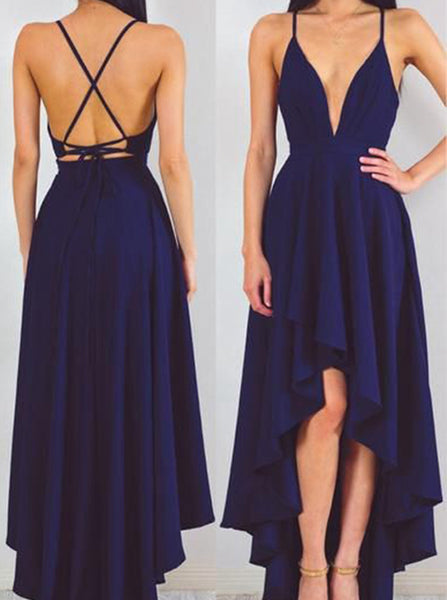 Spaghetti Straps High Low Homecoming Dress,Chiffon Backless Prom Dress,Deep V Evening Dress PD00131