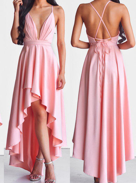 Spaghetti Straps High Low Homecoming Dress,Chiffon Backless Prom Dress,Deep V Evening Dress PD00131