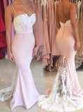 Spaghetti Straps Mermaid Evening Dress,Prom Dress with Lace Train,Charming Bridesmaid Dress PD00125