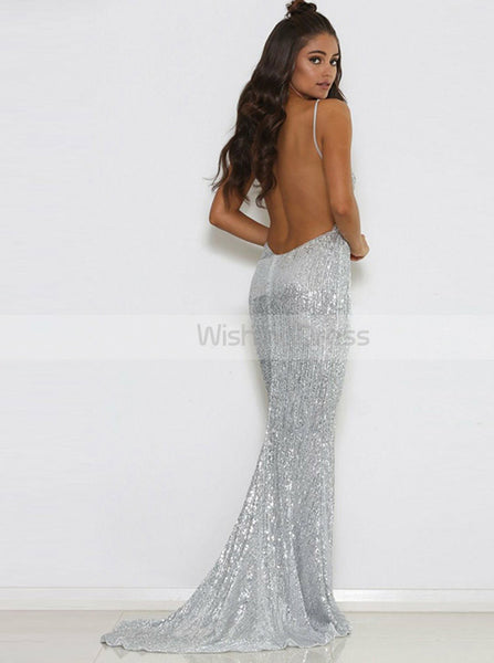 Sparkly Sequined Evening Dress,Silver Prom Dress with Train,Backless Prom Dress PD00109