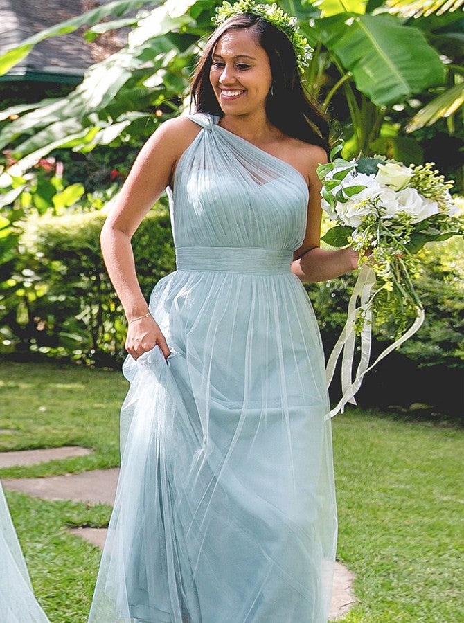 Steel Blue Bridesmaid Dress,One Shoulder Long Bridesmaid Dress,Tulle B