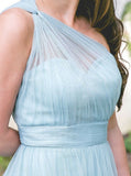 Steel Blue Bridesmaid Dress,One Shoulder Long Bridesmaid Dress,Tulle Bridesmaid Dress,BD00139