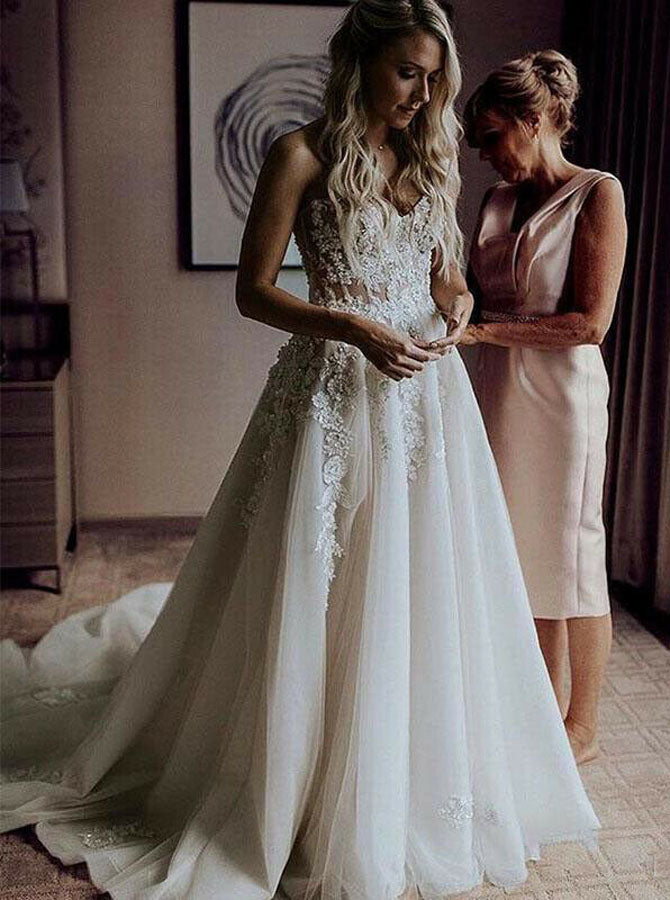 Strapless Wedding Dress,A-line Tulle Bridal Gown with See Through Bodi