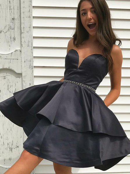 Sweetheart Homecoming Dress with Pockets,Tiered Satin Homecoming Dress,HC00213