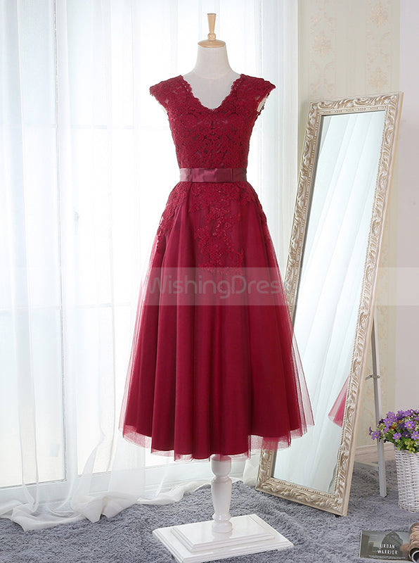 Tea Length Bridesmaid Dress,Lace Bridesmaid Dress,A line Bridesmaid Dr