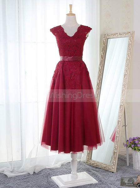 Tea Length Bridesmaid Dress,Lace Bridesmaid Dress,A line Bridesmaid Dress,BD00148