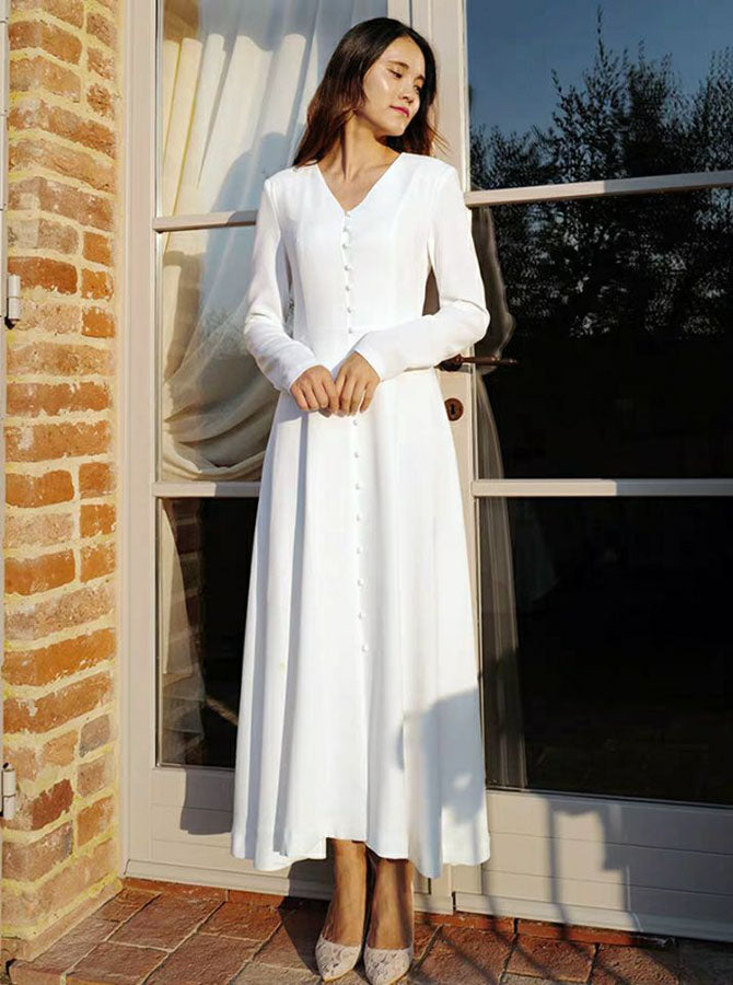 Tea Length Wedding Dresses,Beach Wedding Dress with Sleeves,WD00440 US2 / Champagne
